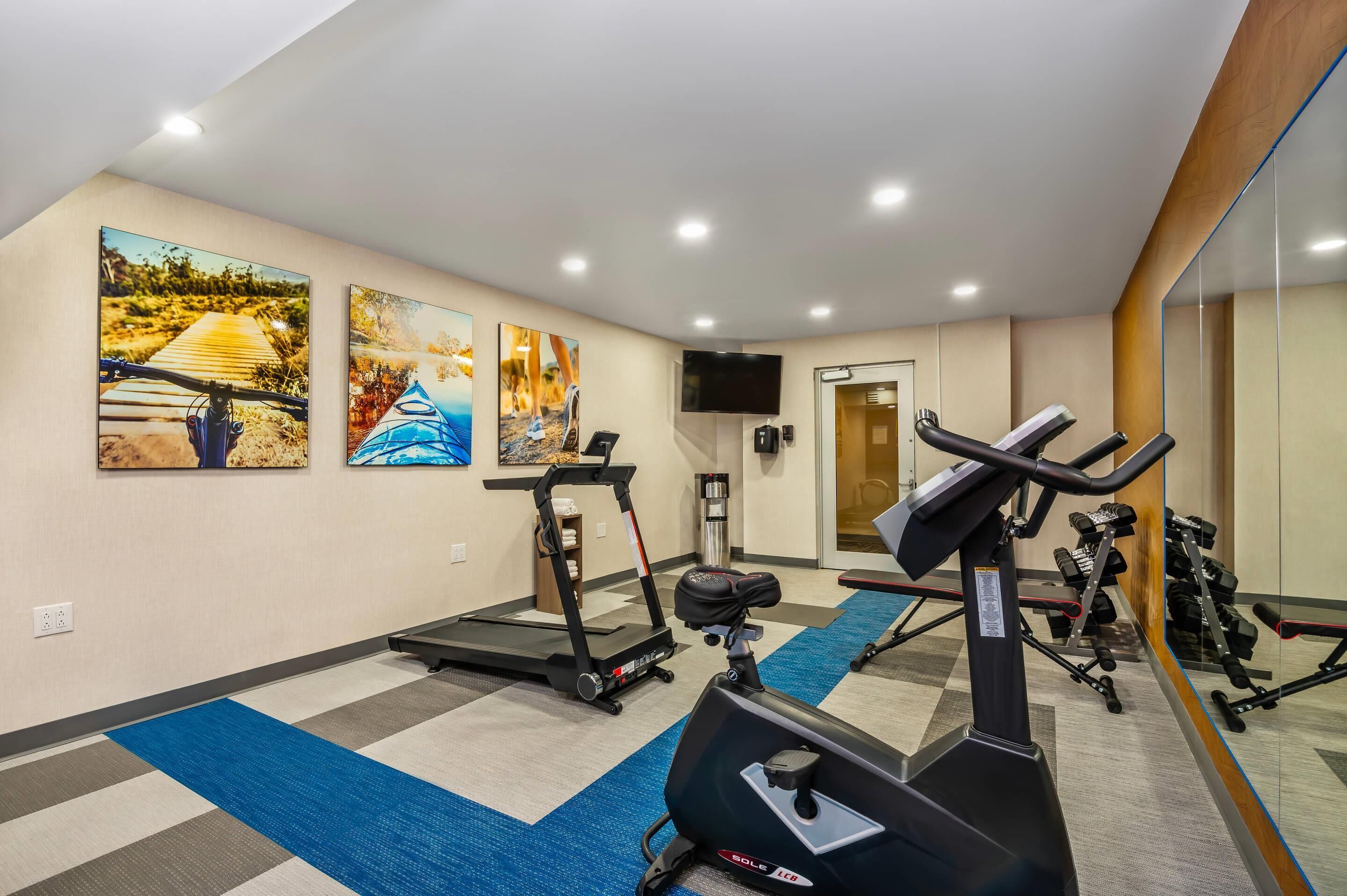 Une salle de sport équipée de tapis de course, de vélos d’appartement et d’appareils de musculation.