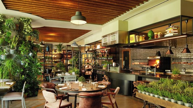 Un restaurante moderno con una mesa redonda central, rodeada de sillas, plantas y follaje variado.