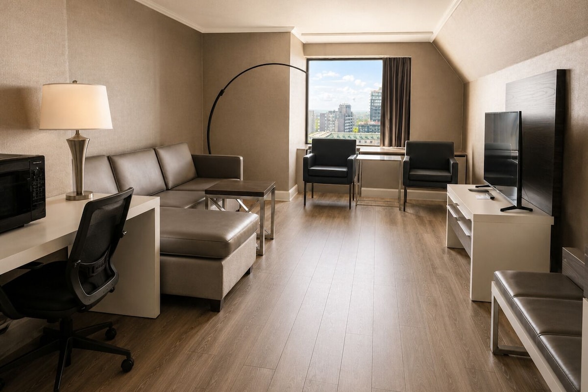 In-room safe, desk, laptop workspace, blackout curtains