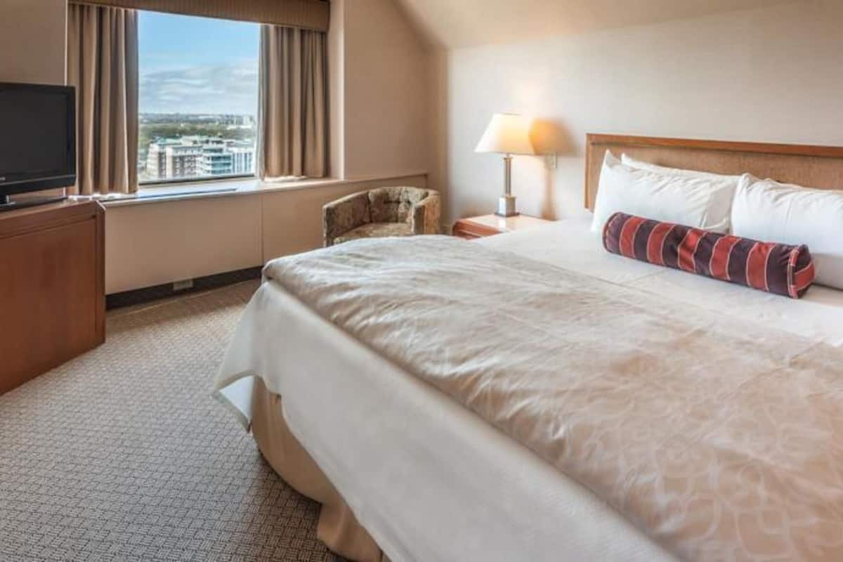 Habitación de hotel con una cama grande, televisión, lámpara y vistas a la ciudad desde la ventana.