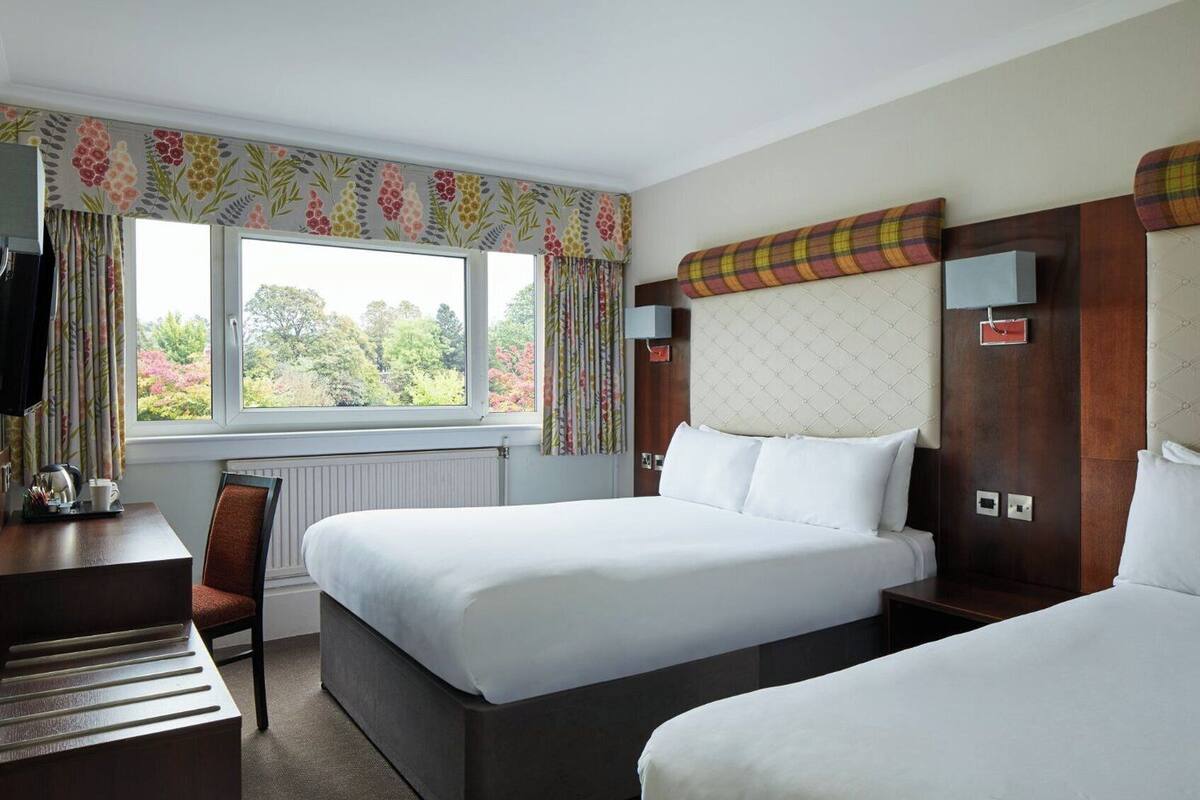 hypo-allergenic bedding, desk, blackout curtains, iron/ironing board