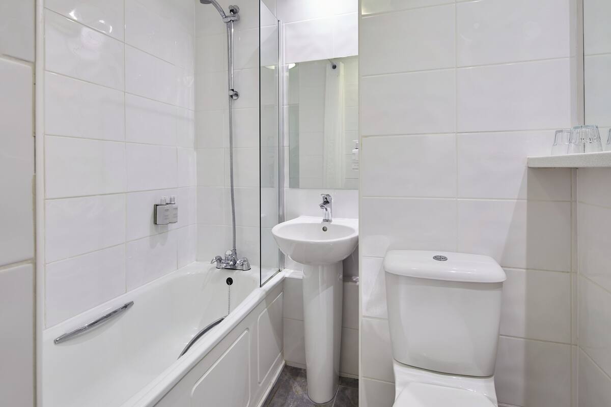 combined shower/bathtub, free toiletries, hair dryer, towels