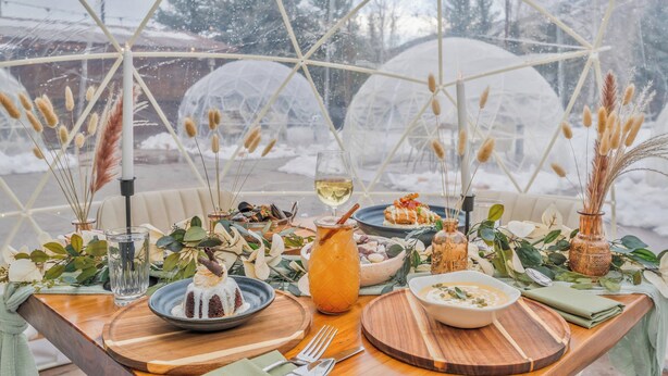 A dining table set with various dishes, a glass of wine, and decorative elements like candles and plants, viewed through a geodesic dome structure.
