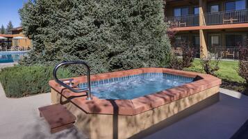 A hot tub with a metal ladder, surrounded by a concrete deck, a pool, and a large evergreen tree.