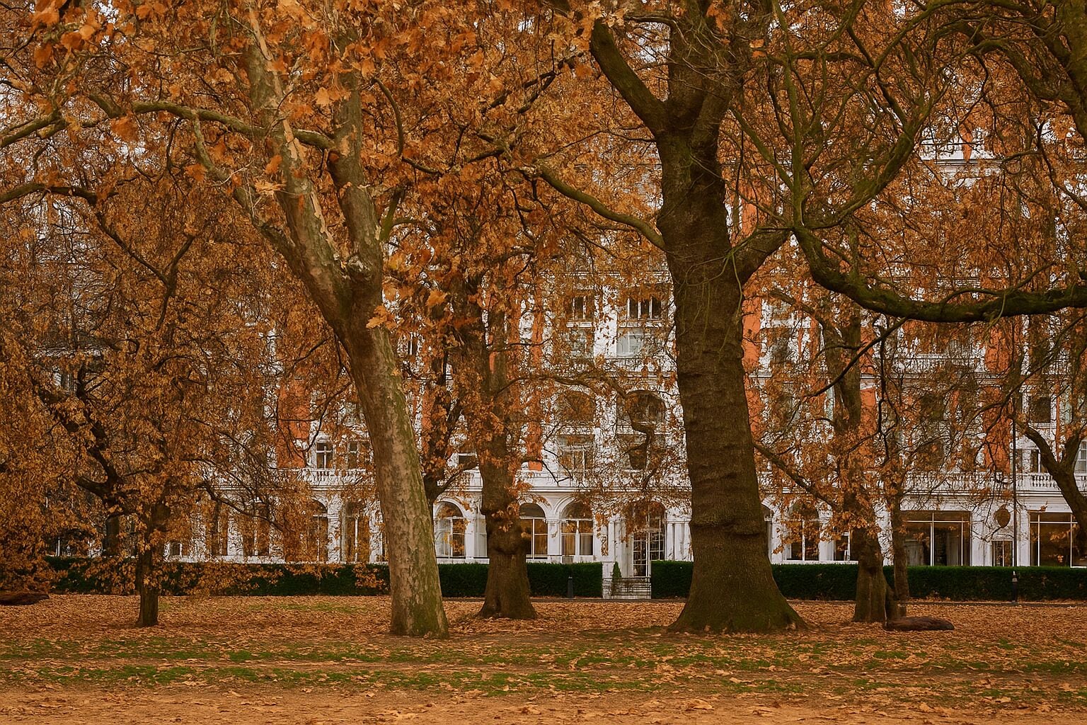 Un parc avec de grands arbres et un bâtiment de style classique doté de fenêtres en arc de cercle.