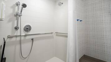 A shower area with a handheld showerhead, a wall-mounted showerhead, and a handheld shower hose.