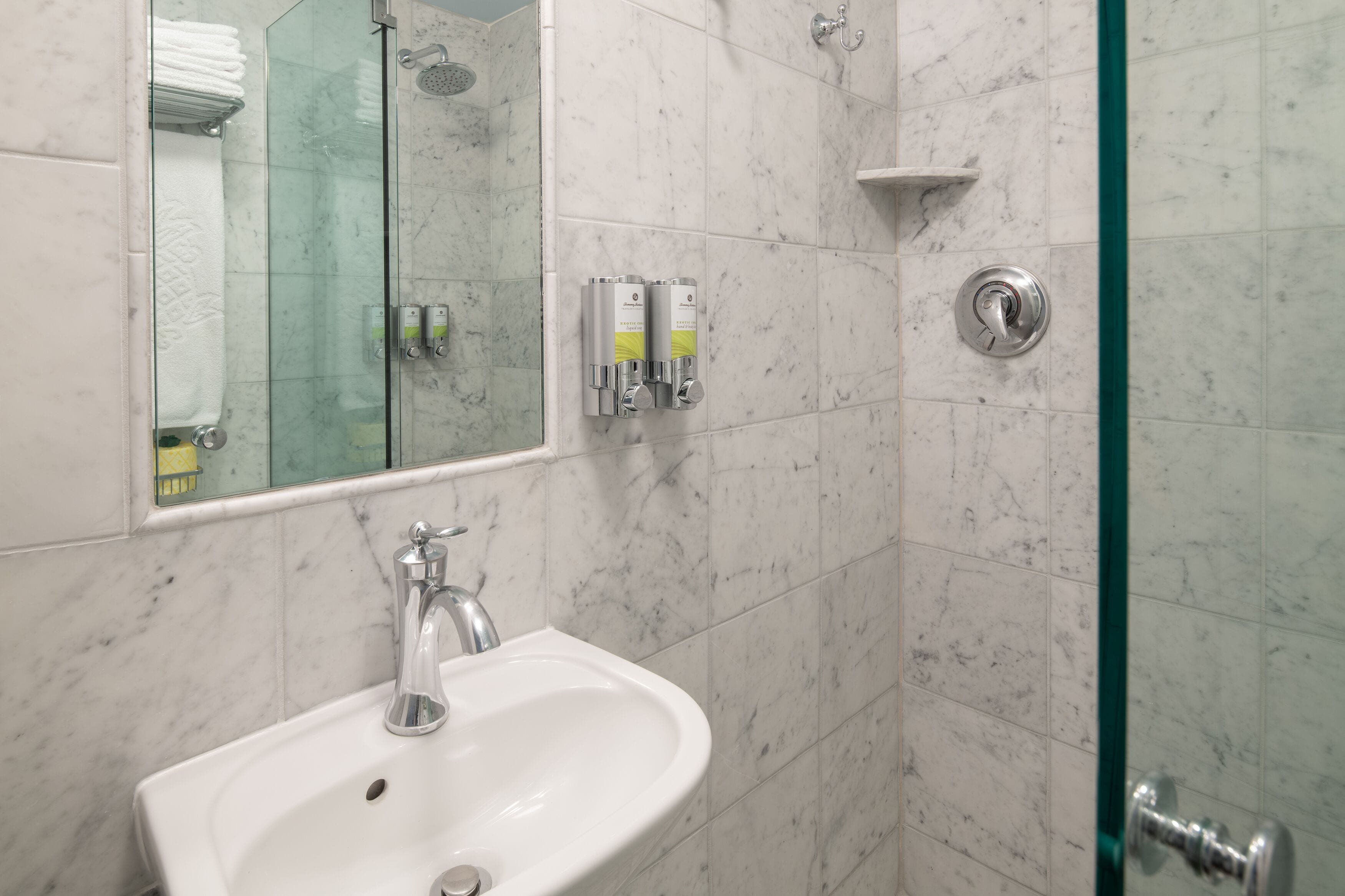 shower, designer toiletries, hair dryer, bathrobes