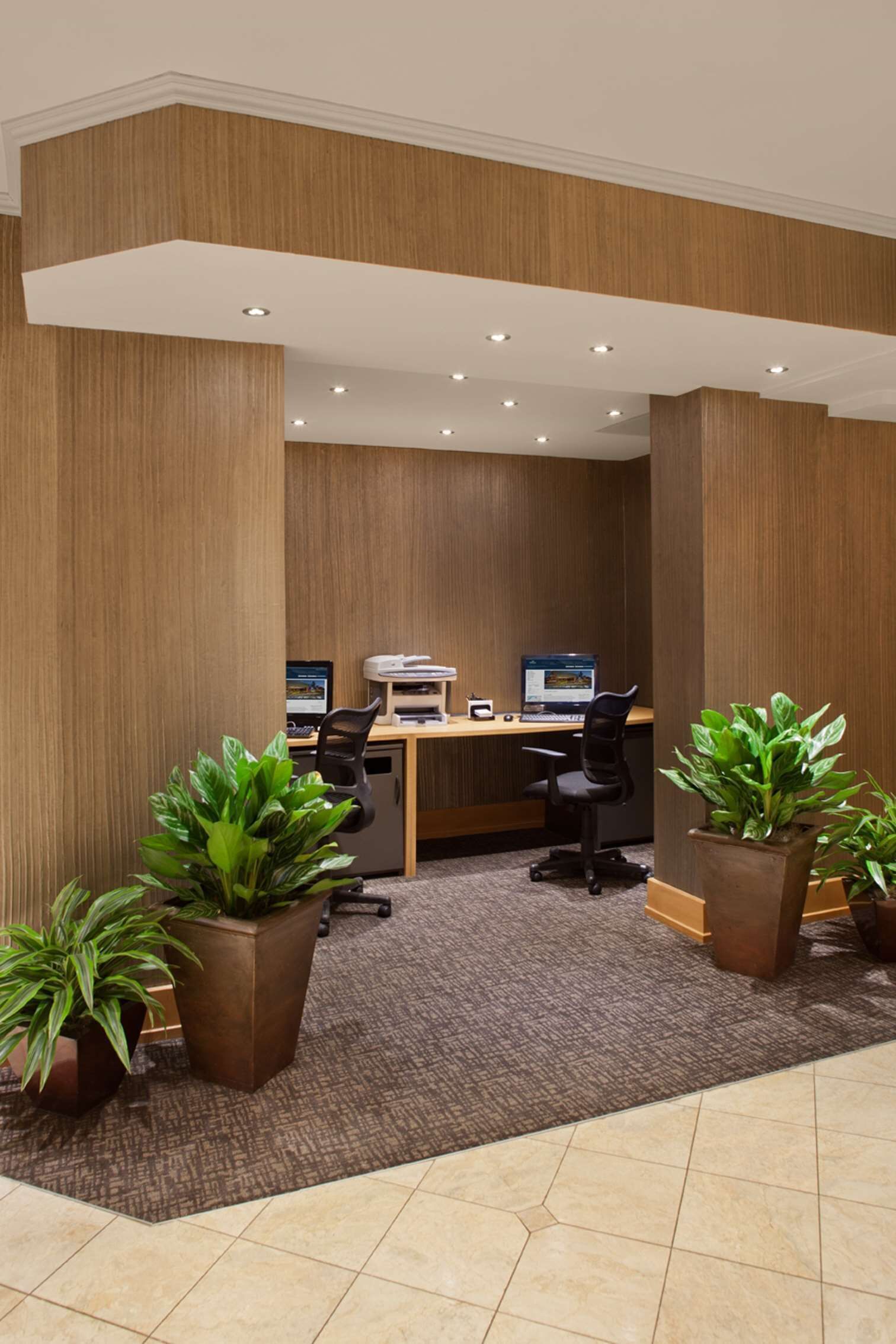 A modern office space with two desks, chairs, and computers. There are potted plants and a carpeted floor.
