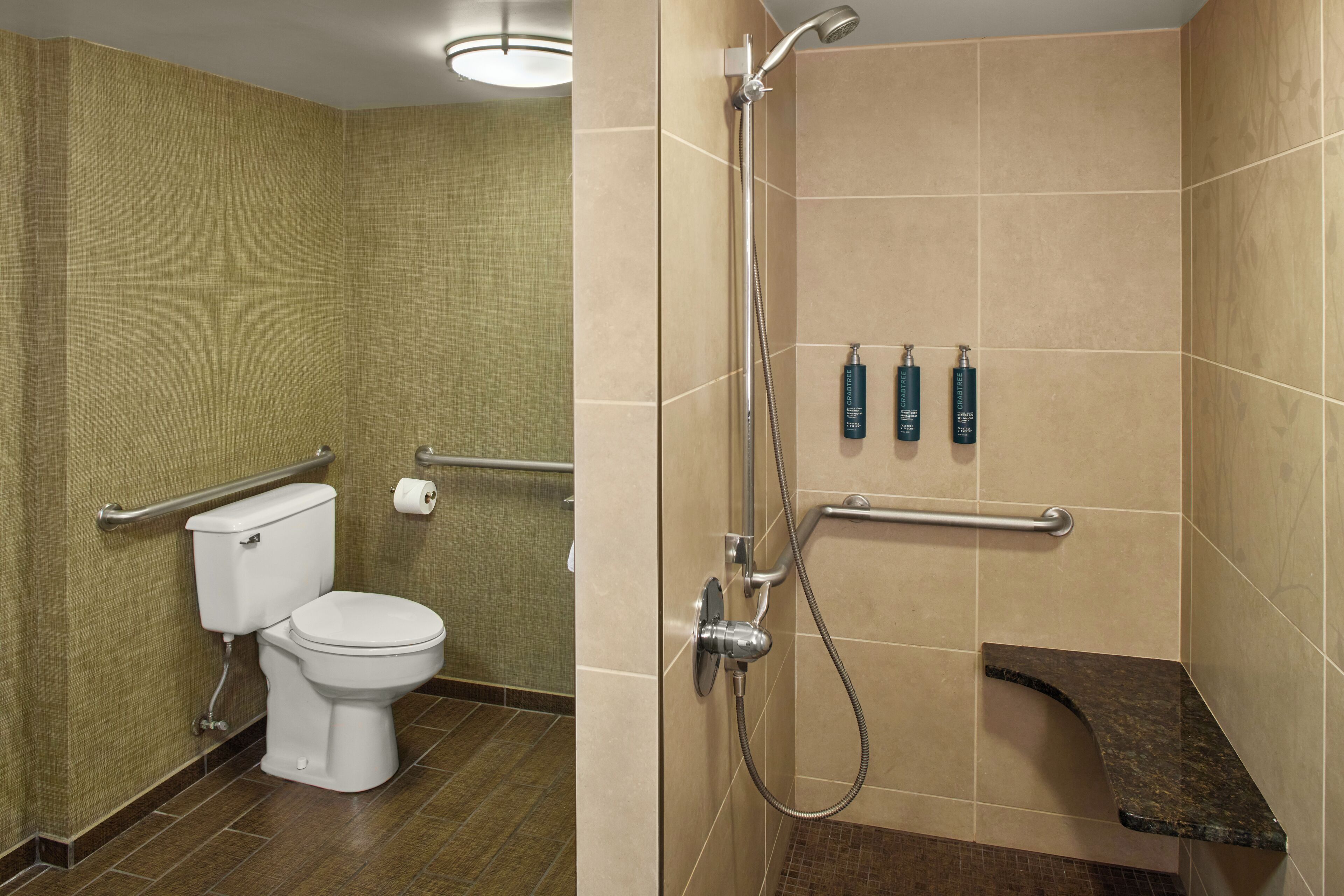 Un bagno con il water, una doccia dotata di maniglie di sostegno e due flaconi di shampoo.