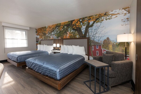 Desk, laptop workspace, free WiFi, bed sheets