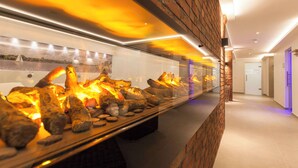 Un pasillo moderno de hotel con una vitrina de rocas, una chimenea, pared de ladrillo y vista a un paisaje urbano.