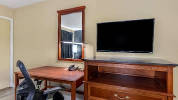 Desk, laptop workspace, free WiFi, bed sheets