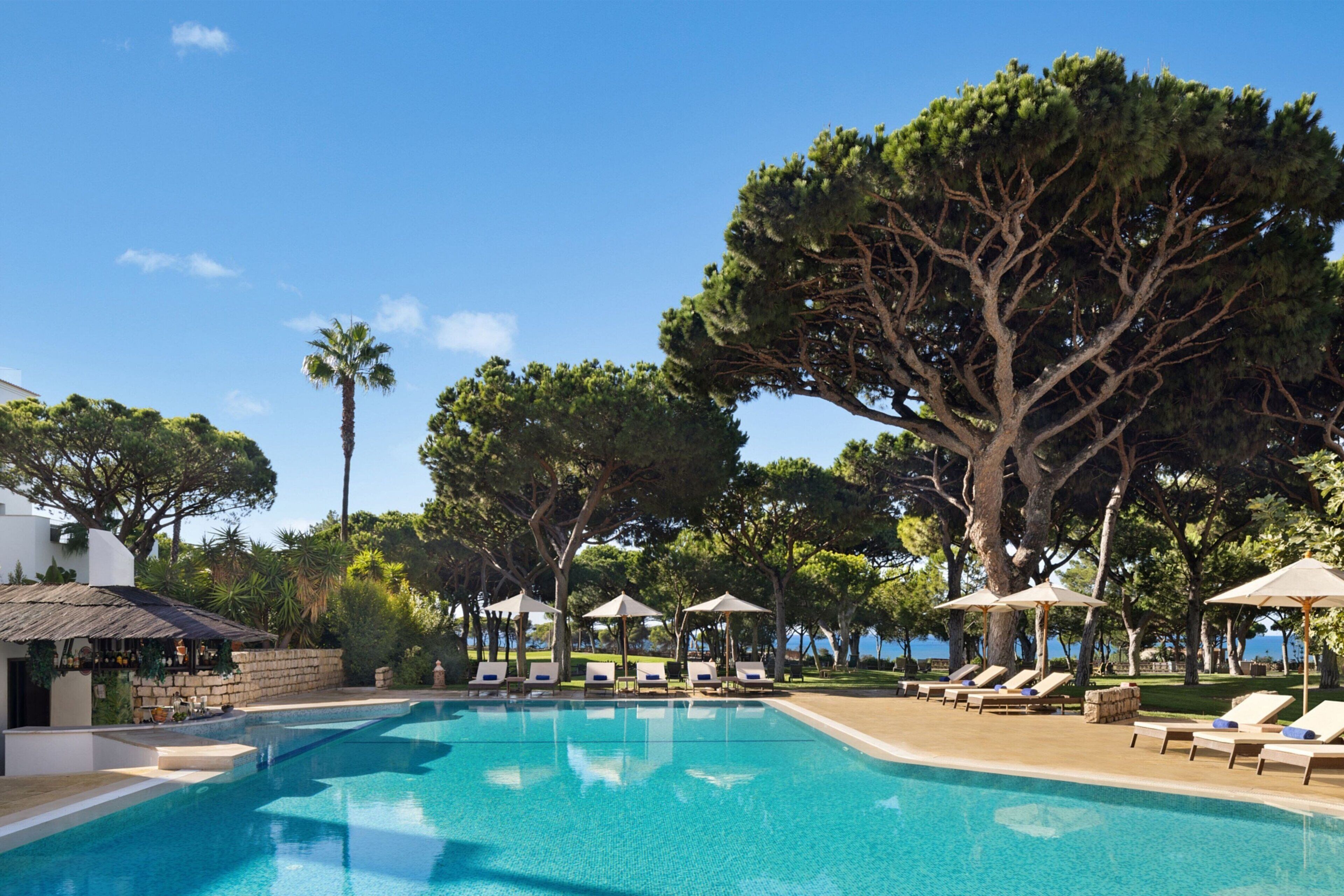 A pool area with lounge chairs and umbrellas, surrounded by trees and a building with a thatched roof.