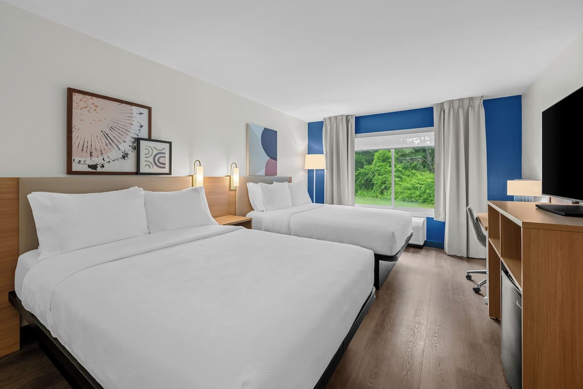 Room, 2 Queen Beds | Desk, laptop workspace, blackout drapes, iron/ironing board