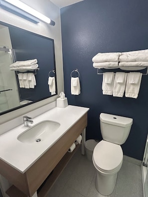 Combined shower/tub, free toiletries, hair dryer, towels