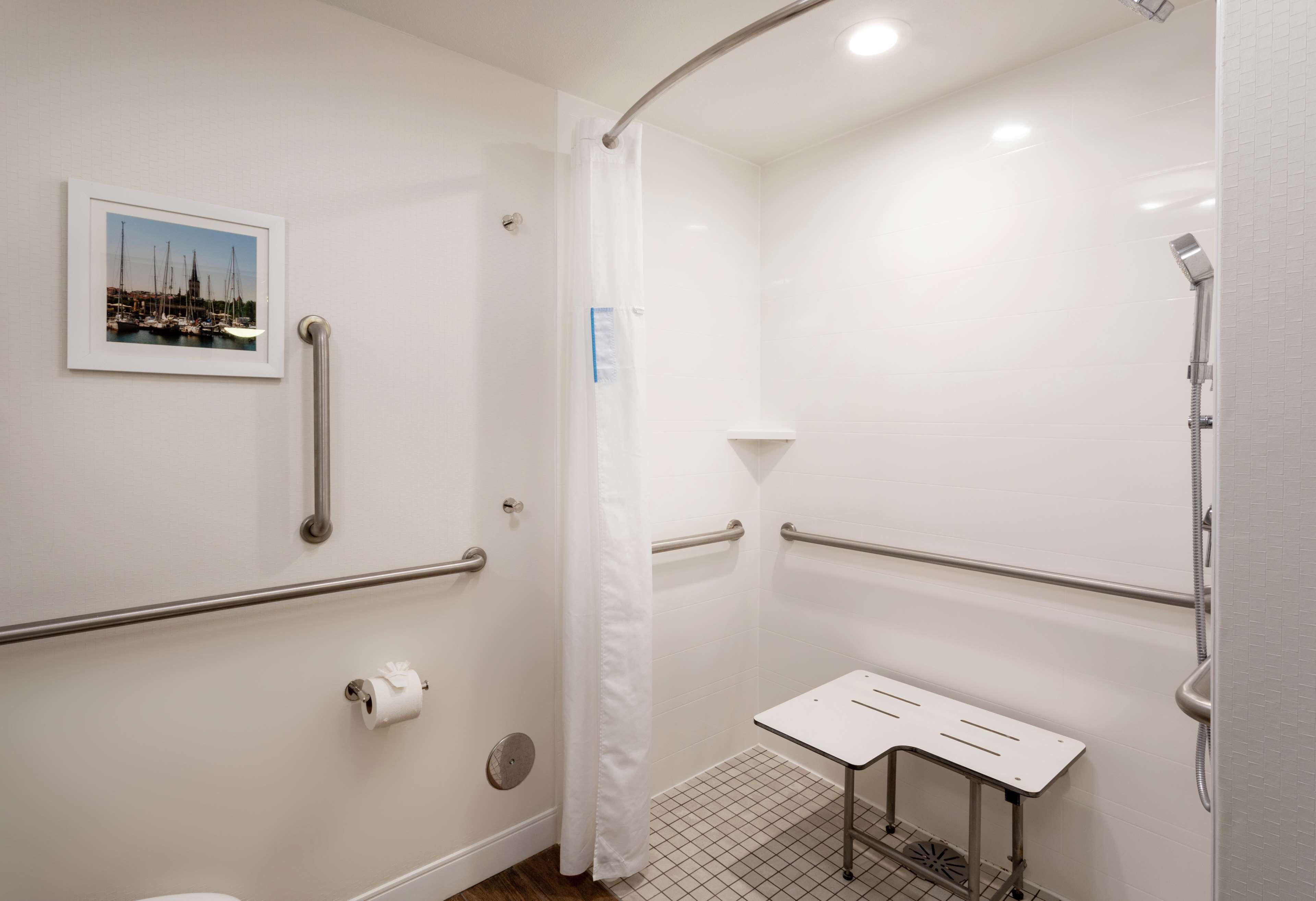 A small, accessible bathroom with a shower, toilet, and handrails.