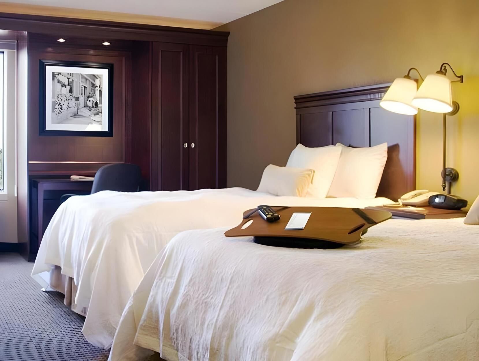 Premium bedding, desk, blackout drapes, iron/ironing board
