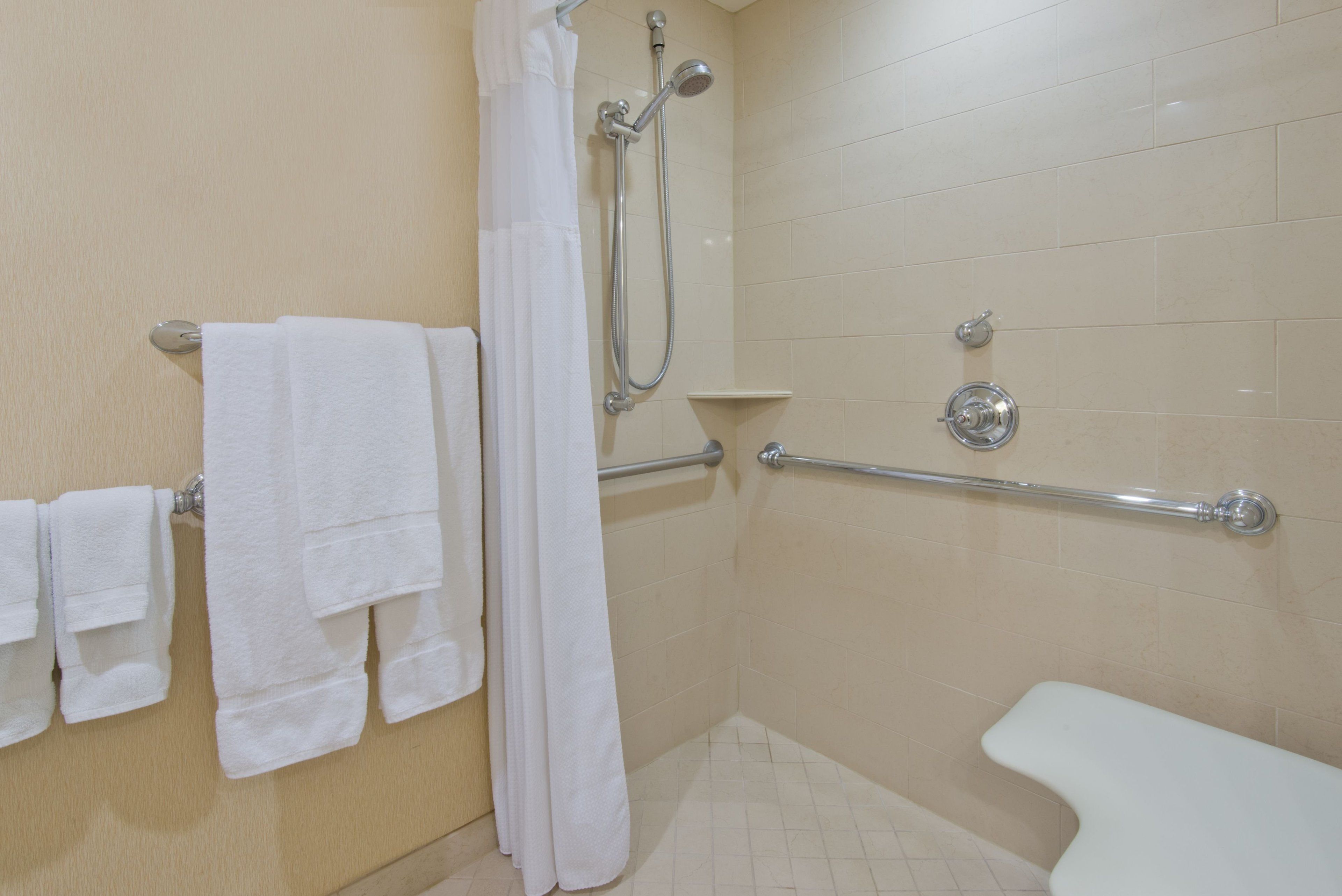 A bathroom with a shower, grab bars, and a toilet.