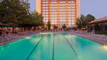 Seasonal outdoor pool, pool umbrellas, pool loungers