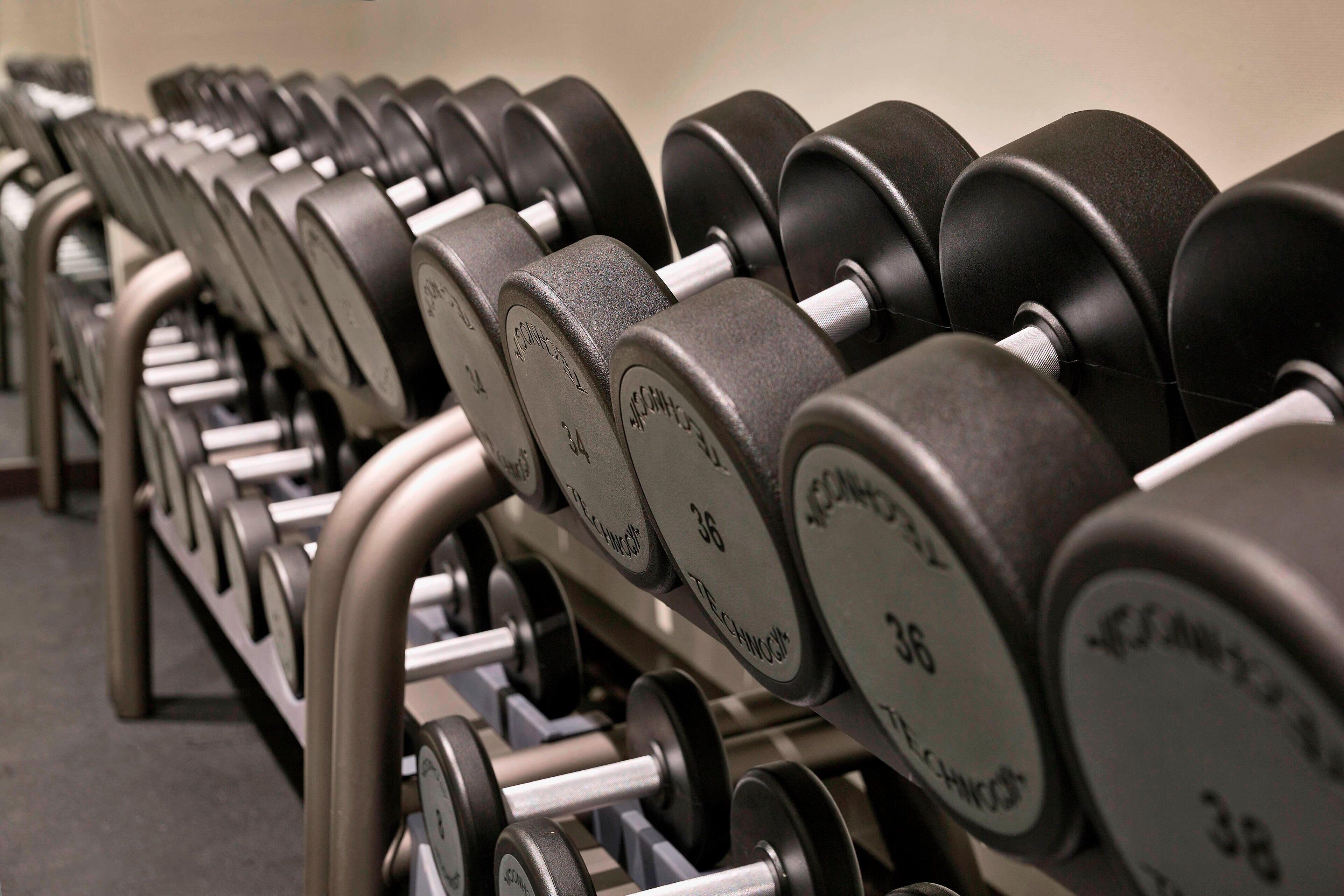 A row of black dumbbells with white weight plates, each marked with numbers indicating their weight.
