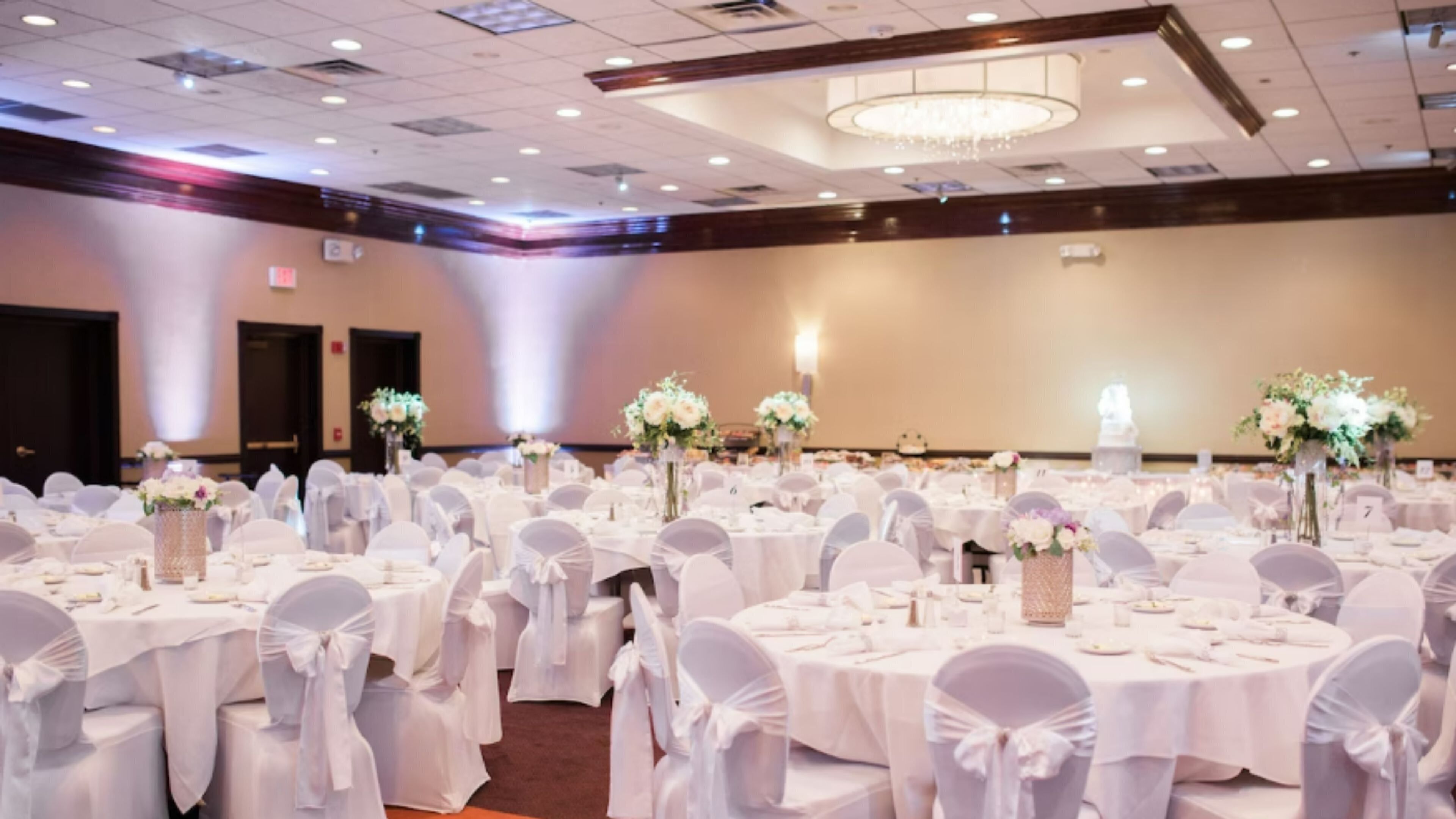 Un salón de banquetes con mesas redondas, manteles blancos y sillas con lazos blancos.