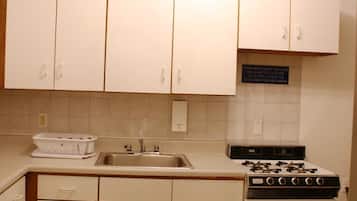 Una cocina compacta con armarios blancos, un lavamanos de acero inoxidable, una estufa a gas y una araña.