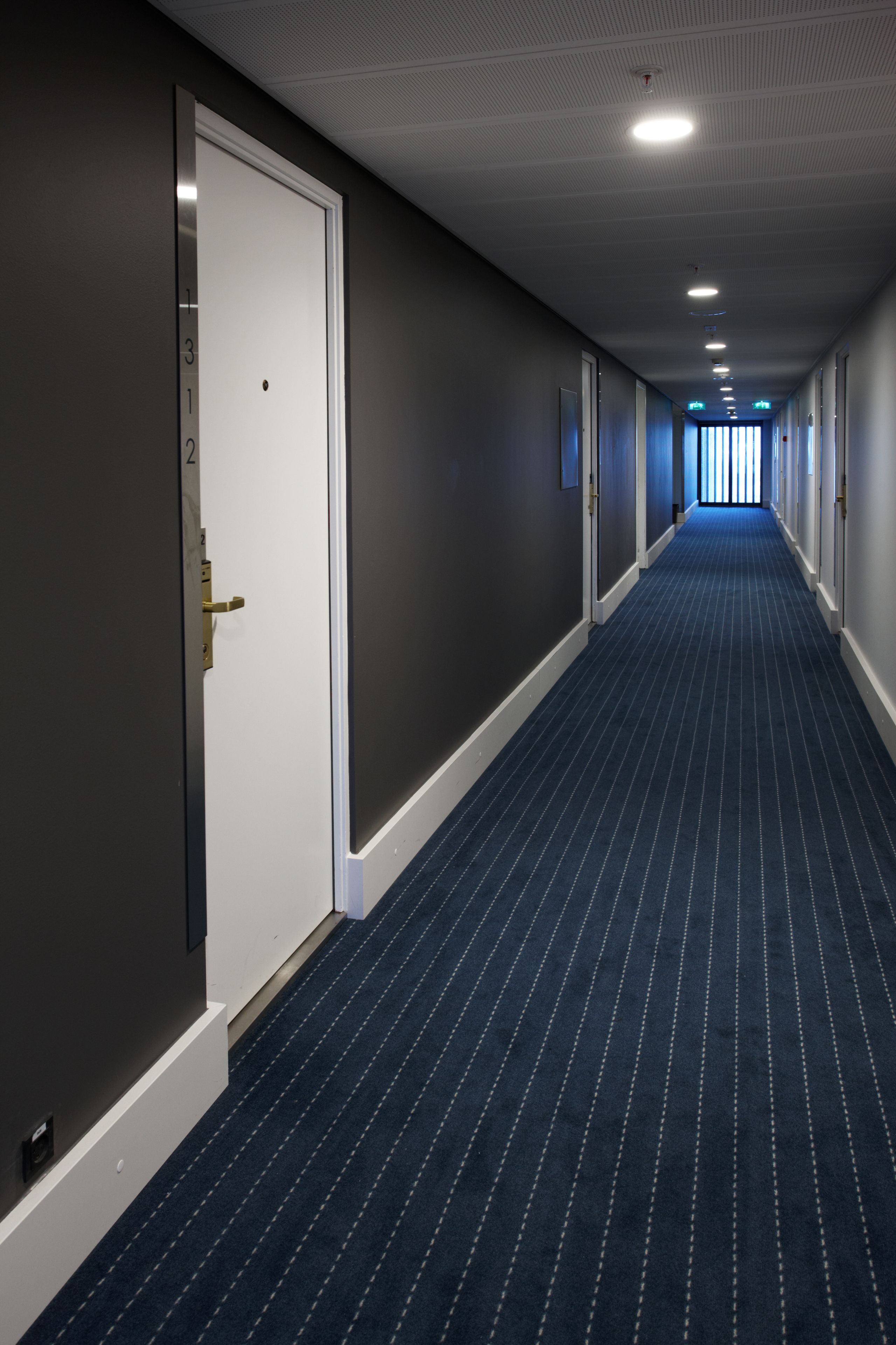 A long, narrow hallway with a blue carpet and white walls.