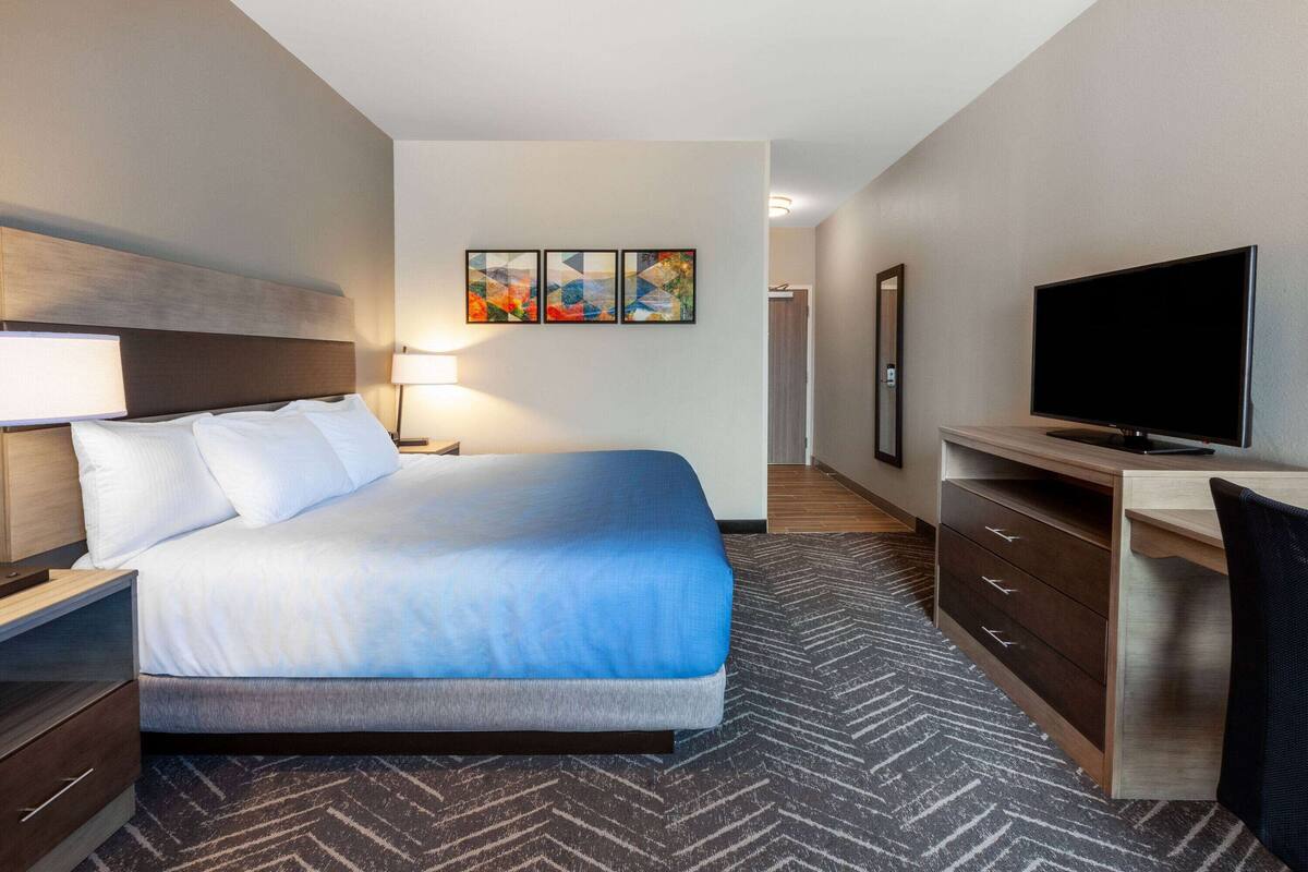 A hotel room with a bed, a desk, a television, and a painting on the wall.