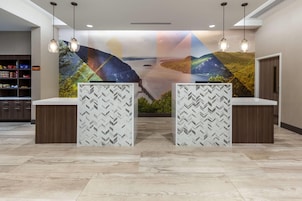 Zona de recepción de diseño moderno, con un mural grande en la pared, dos mostradores con fondos estampados y un área de almacenamiento con estanterías a la izquierda.