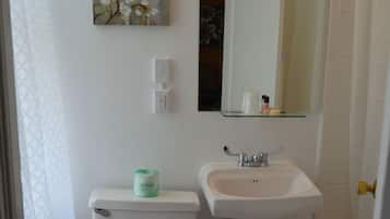 Combined shower/tub, free toiletries, hair dryer, towels