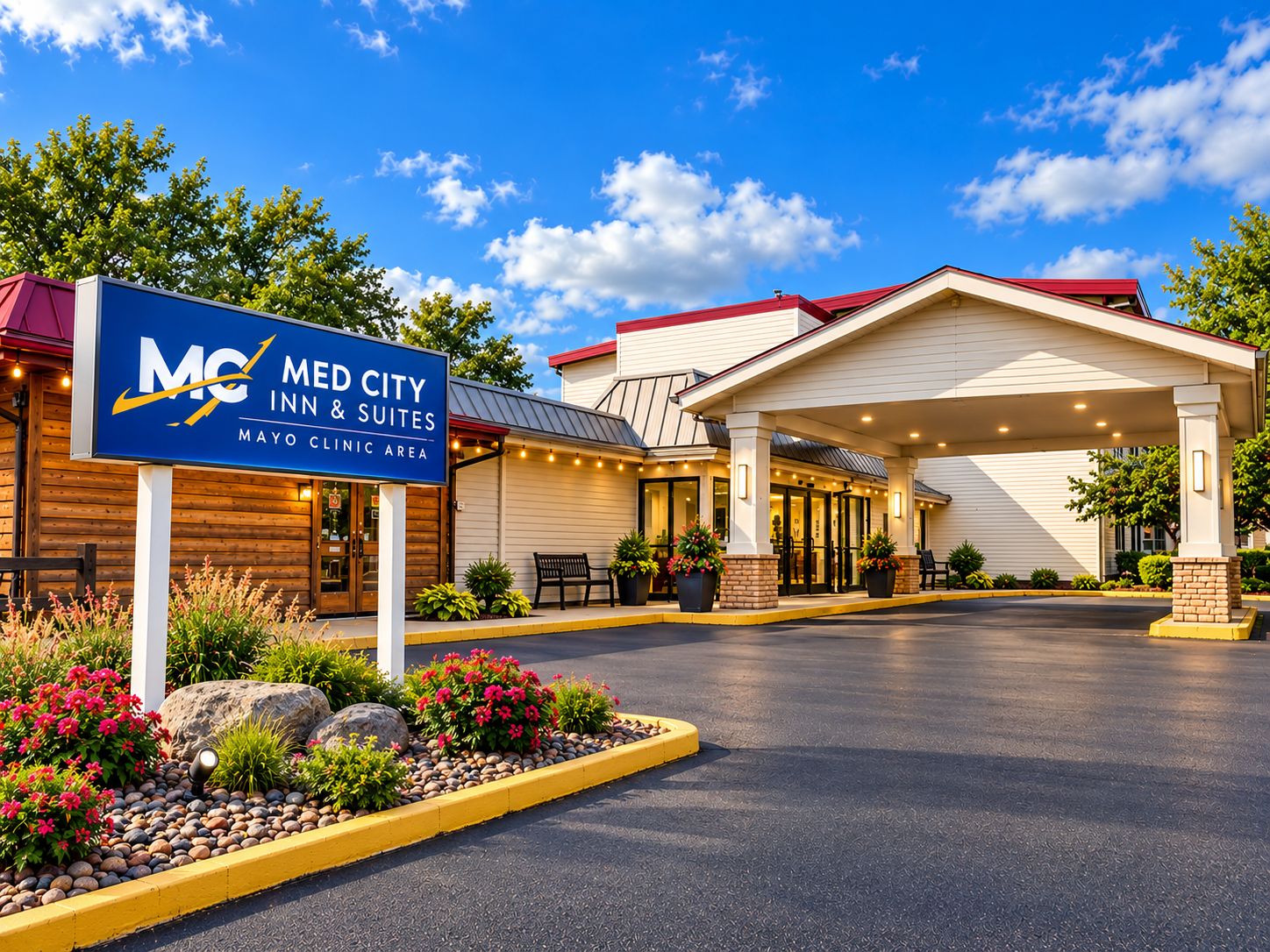 A hotel with a sign indicating it is the Mayo Clinic Area.