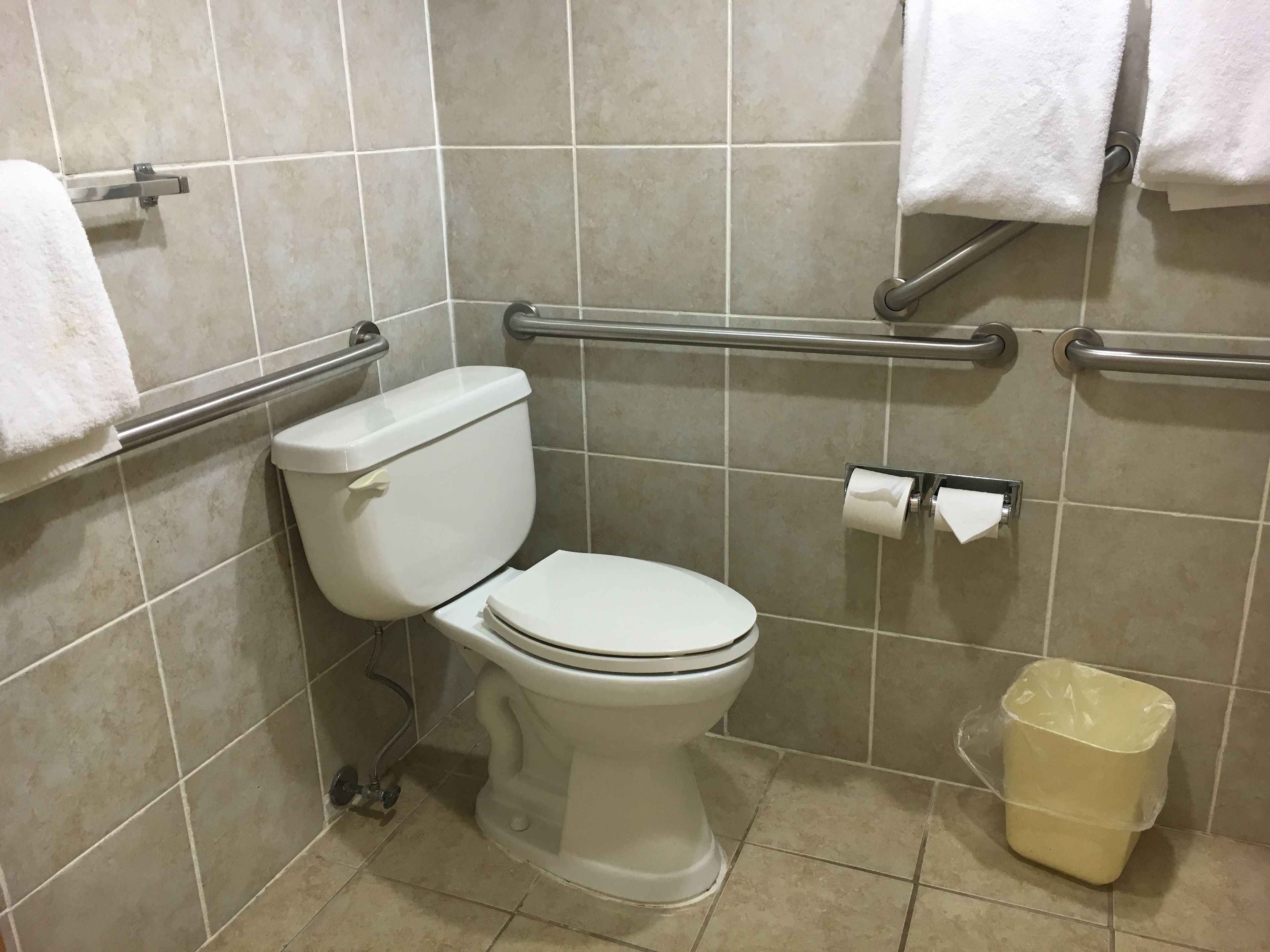 A standard bathroom with a toilet, handrails, a trash bin, and a towel rack.