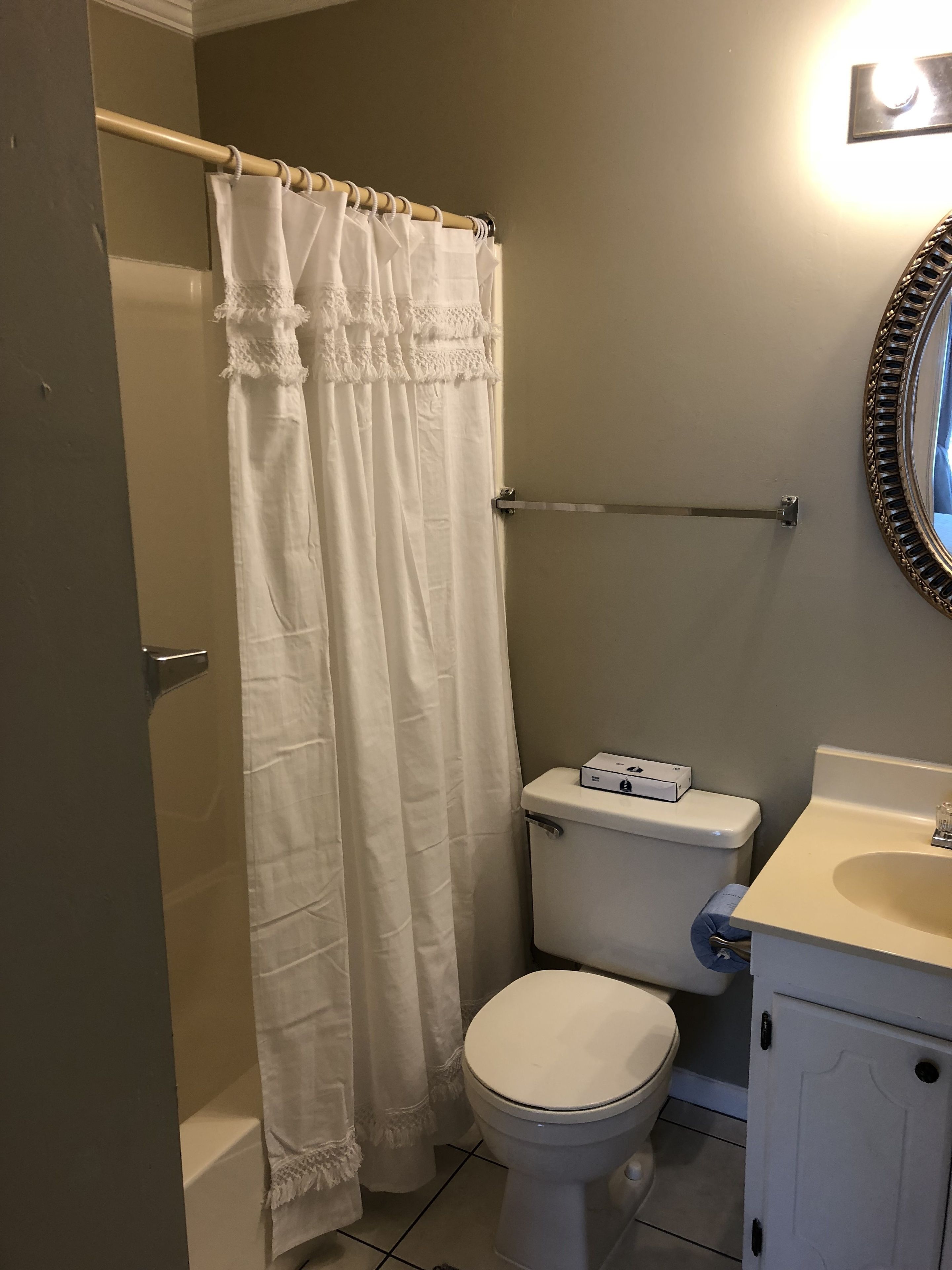 A bathroom with a toilet, a sink, and a shower curtain.