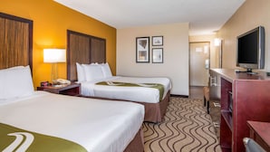 Habitación de hotel con dos camas, un escritorio, un televisor y una alfombra estampada.