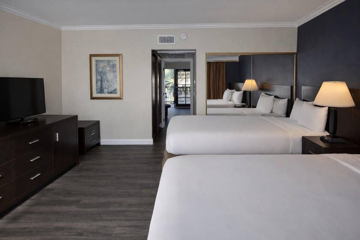 Habitación de hotel con dos camas, televisión, cómoda y un cuadro en la pared.