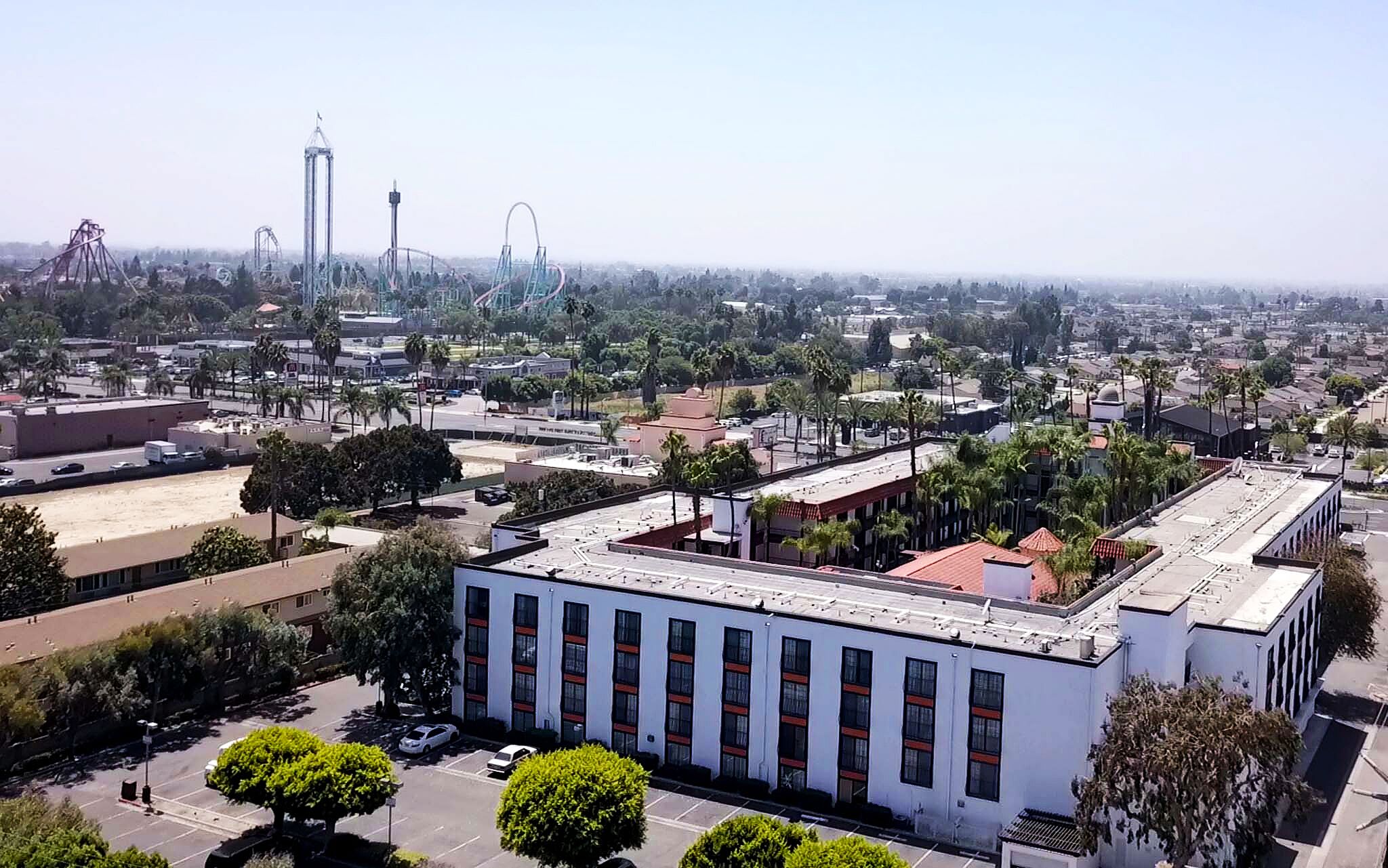 A high-rise building with a flat roof, surrounded by palm trees and other greenery.