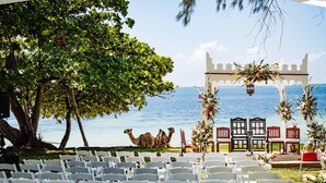 Montaje para una boda en la playa con sillas blancas, un arco decorado y camellos al fondo.