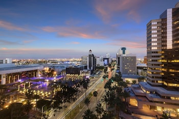 In-room safe, desk, laptop workspace, blackout drapes at The Westin Long Beach
