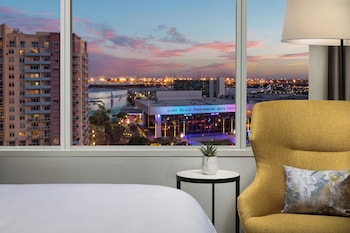 In-room safe, desk, laptop workspace, blackout drapes at The Westin Long Beach