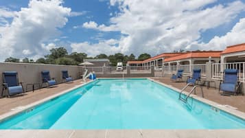 Seasonal outdoor pool, pool umbrellas, pool loungers