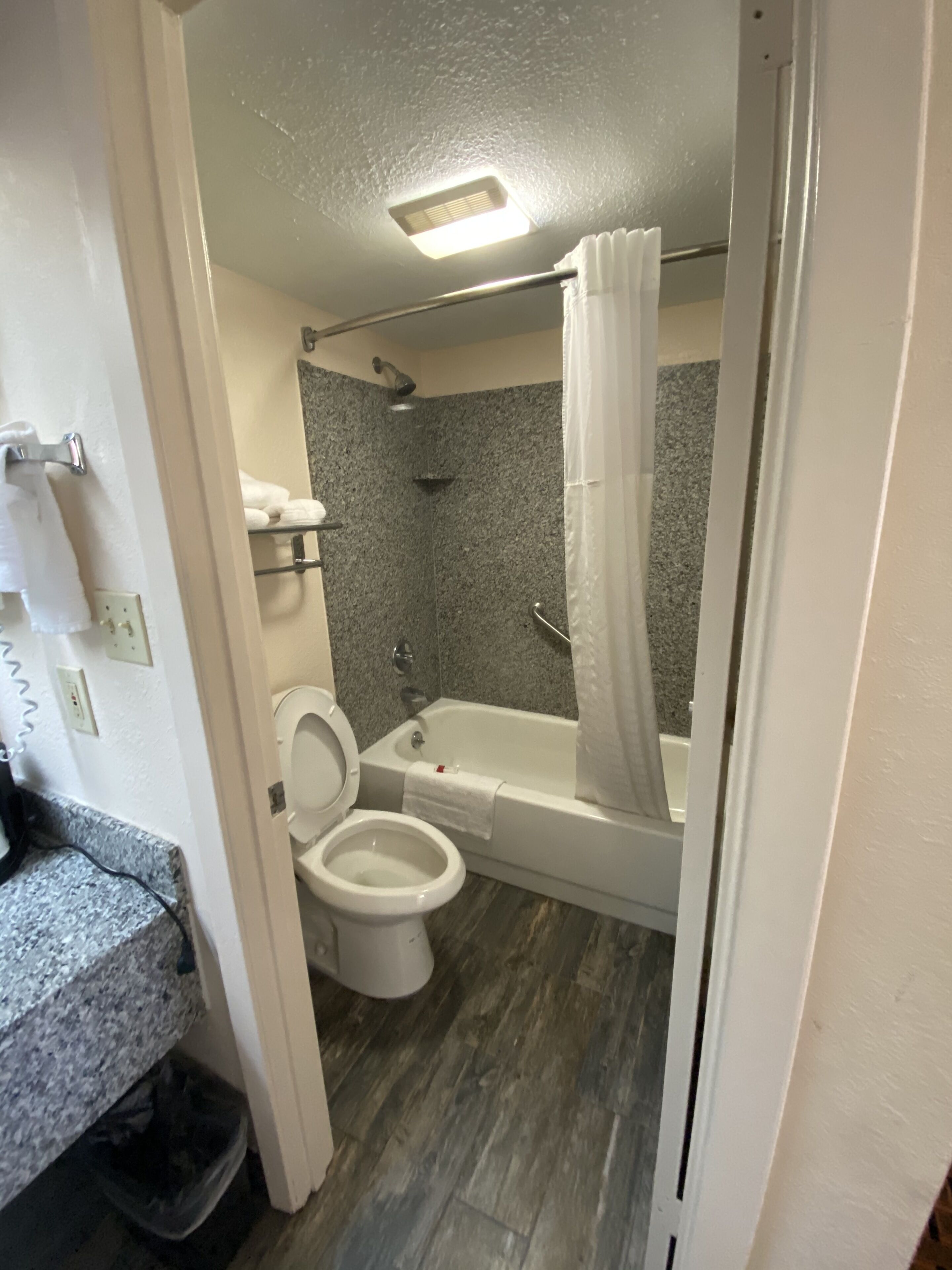 Une salle de bain équipée de toilettes, d’une baignoire et d’un rideau de douche.