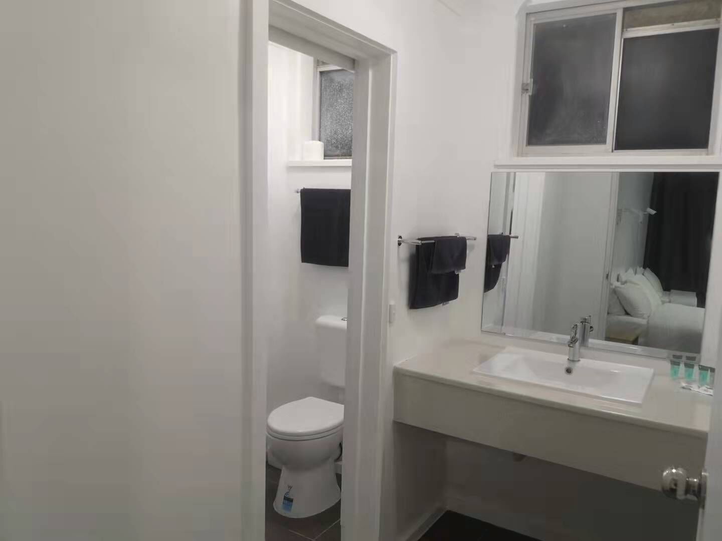 A bathroom with a toilet, a sink, and a mirror.
