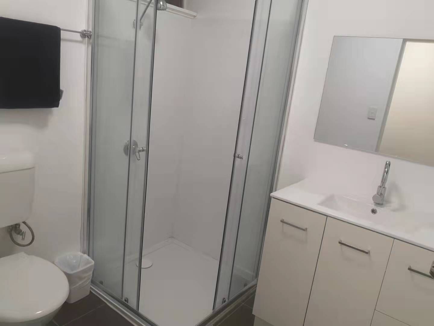 A bathroom with a glass-enclosed shower, a toilet, a sink, and a mirror.