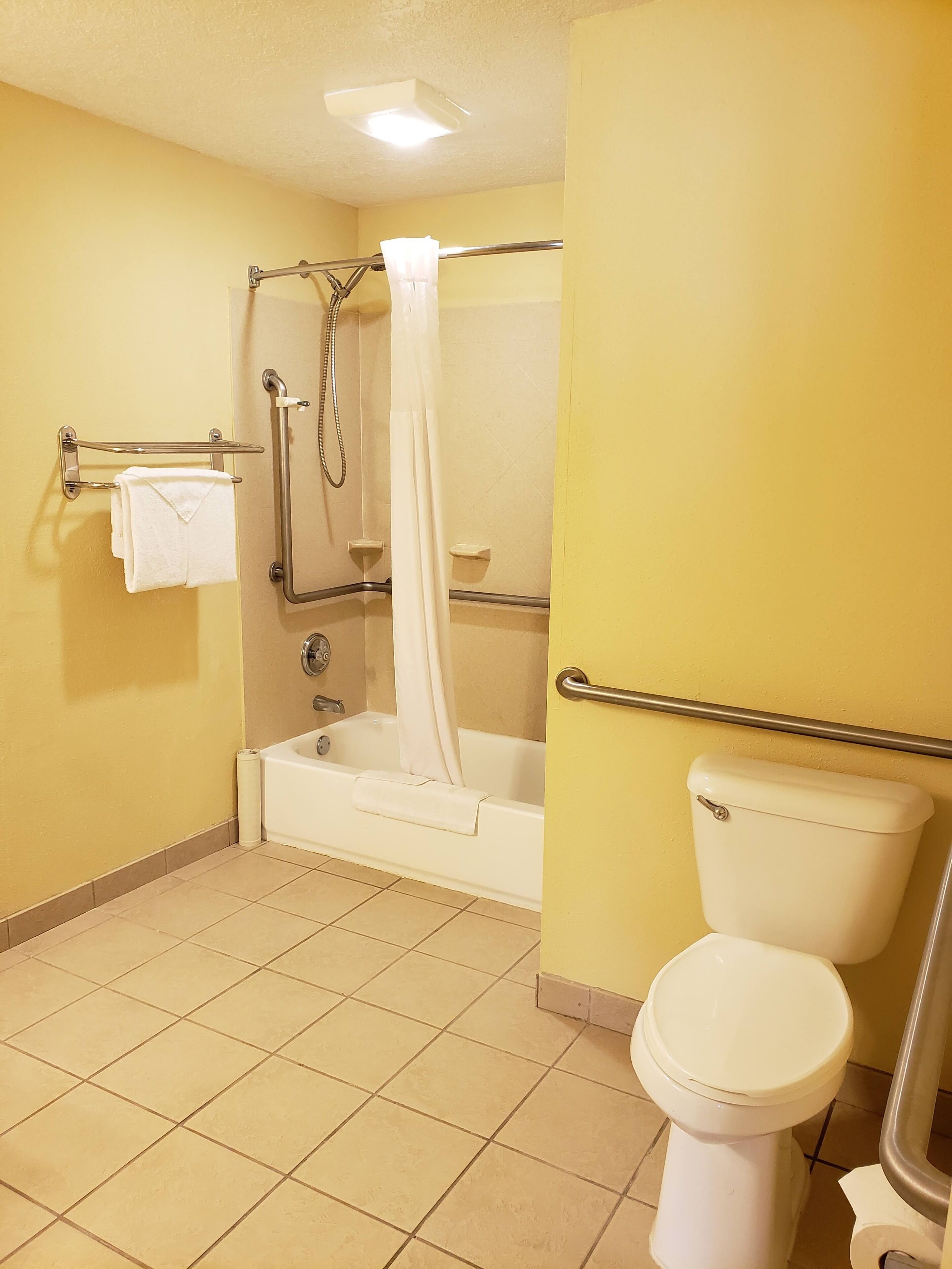 A bathroom with a bathtub, toilet, and handrails.