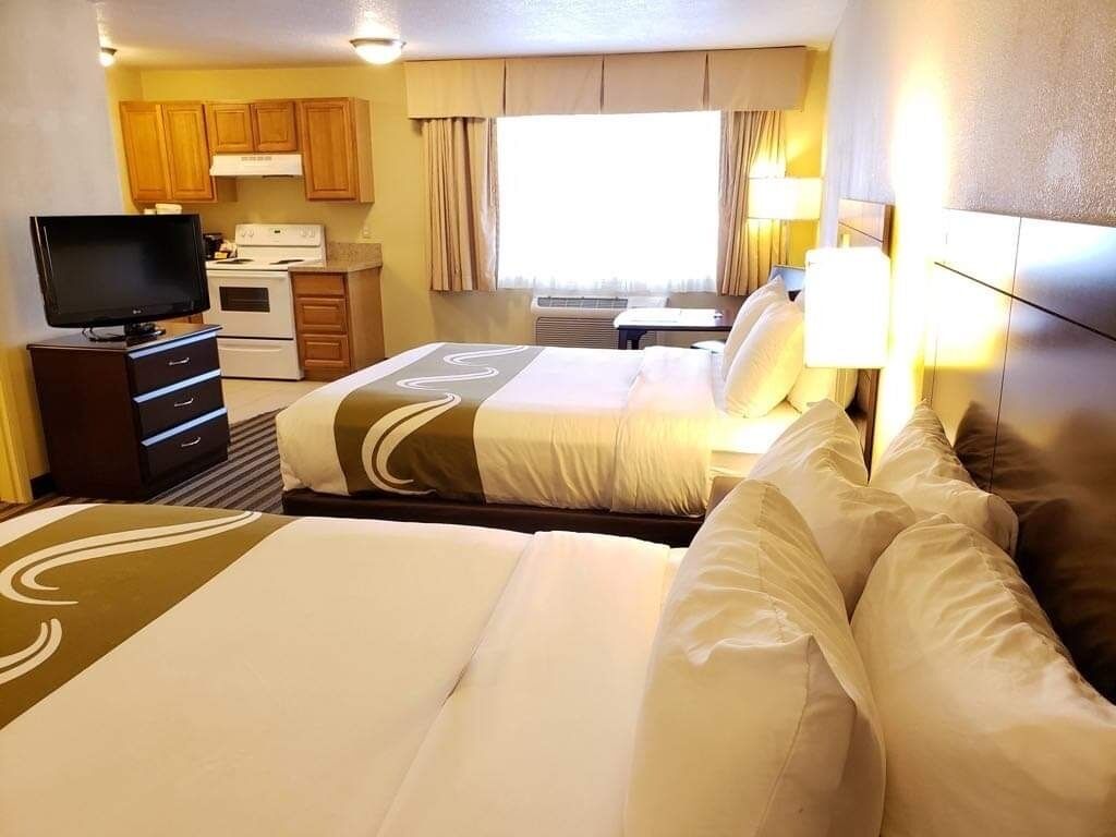 Efficiency, Standard Room, 2 Queen Beds, Non Smoking | Desk, laptop workspace, blackout drapes, iron/ironing board