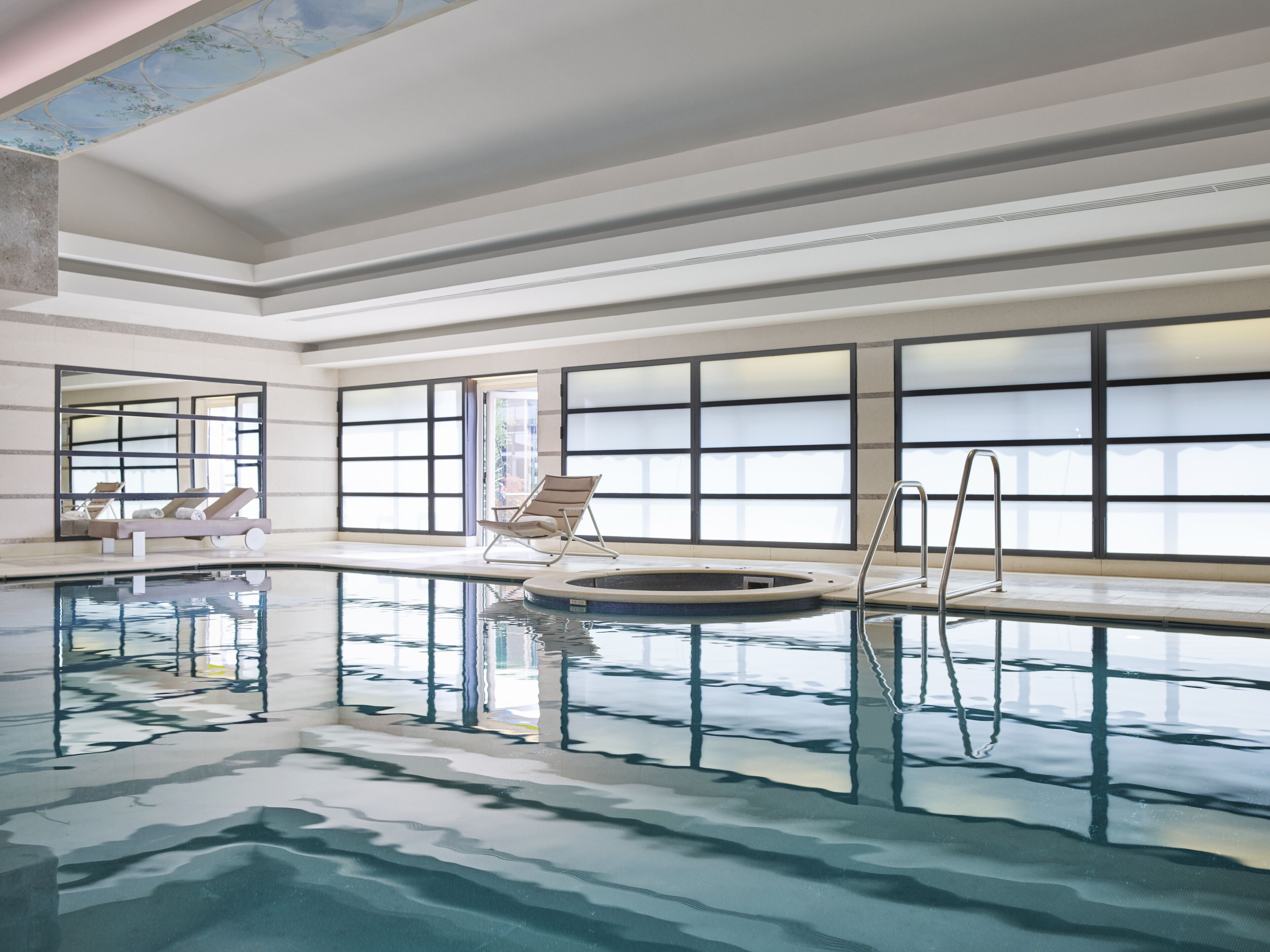 indoor pool, pool loungers