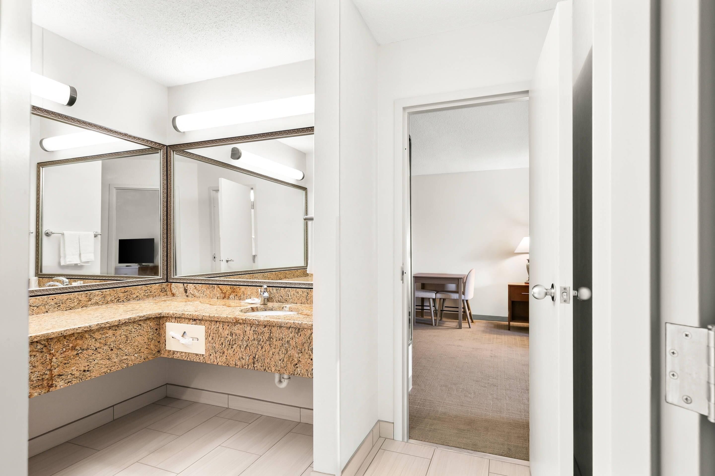 A bathroom with a granite countertop, a large mirror, and a towel rack.