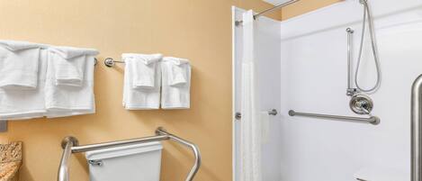 Een badkamer met douche, toilet en handgrepen.