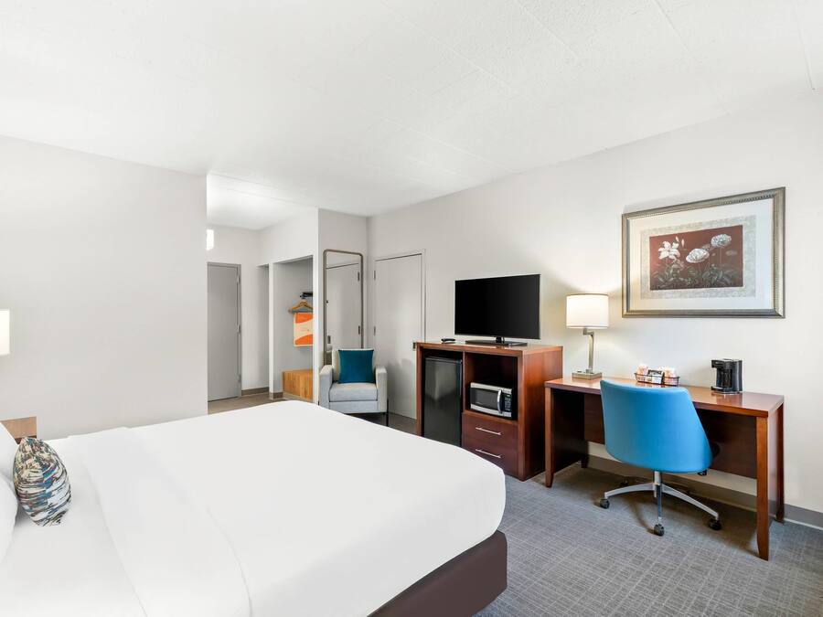 Une chambre d’hôtel avec un lit, un bureau équipé d’un ordinateur, une chaise, un téléviseur et un tableau encadré au mur.