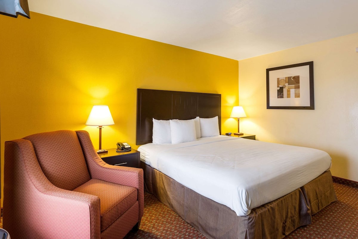 Habitación de hotel con una cama grande, dos lámparas de noche, una silla y un cuadro en la pared.